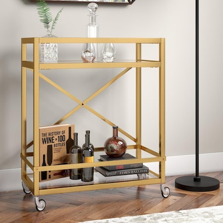 Henn & Hart Wilson Brass Finish Bar Cart with Clear Glass Shelves BC0509